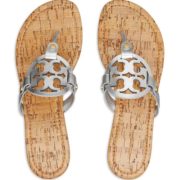 Tory Burch $228 Miller Sandals Patent Leather Silver Gold Rivets Cork 6 9.5 10 - Picture 2 of 10